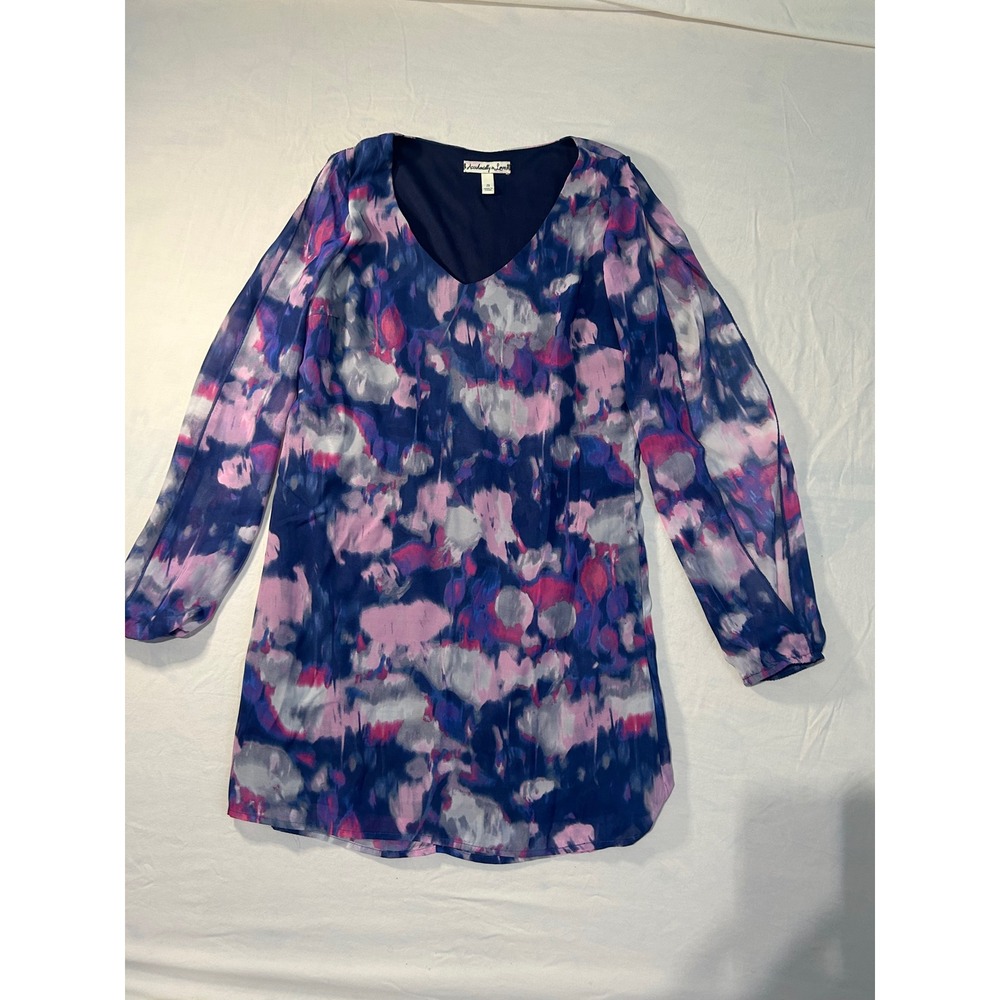 Accidentally In Love Women Blue Pink Abstract Watercolor Split Sleeve Dress‎ S